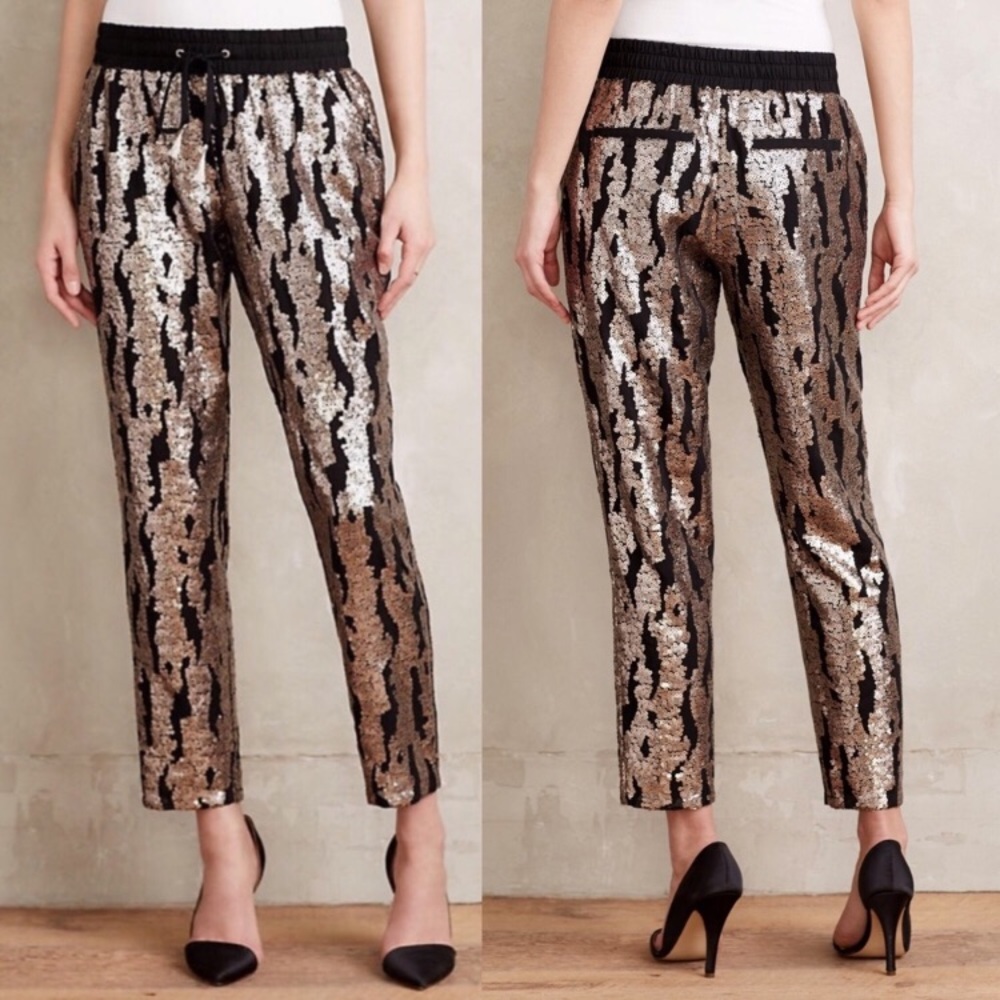 Anthropologie Black and Gold Sequin Cropped Pants XL